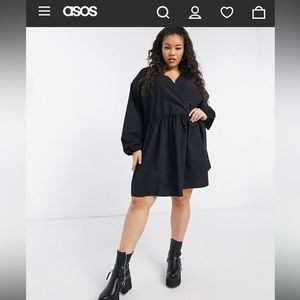ASOS DESIGN Curve casual oversized poplin wrap front mini smock dress in black